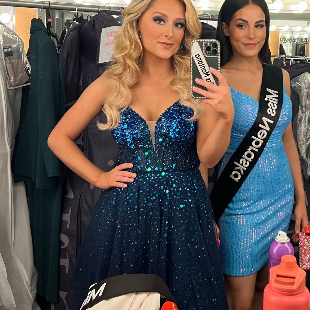 JOVANI Blue Sequin Evening Gown